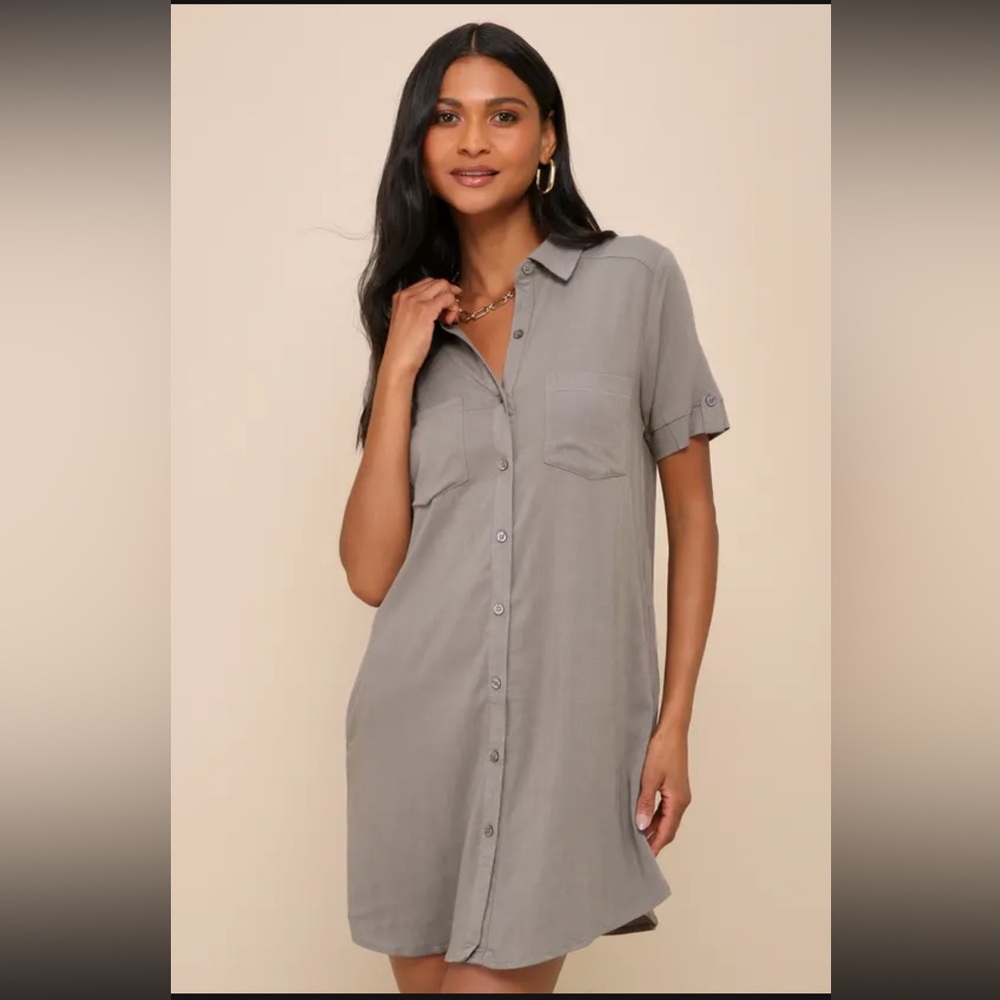 EUC/Like New - Lulus Oxford Comma Olive Green Shirt Dress - Size L - Picture 5 of 8